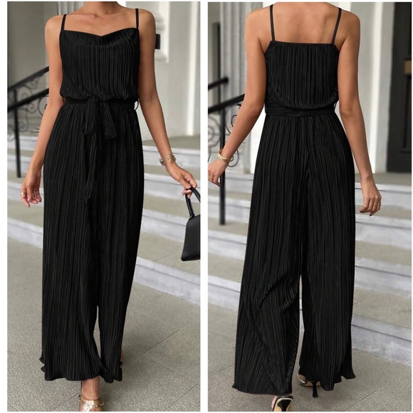 Luxe Pleated Belted Wide Leg Cami Jumpsuit - Picture 3 of 7